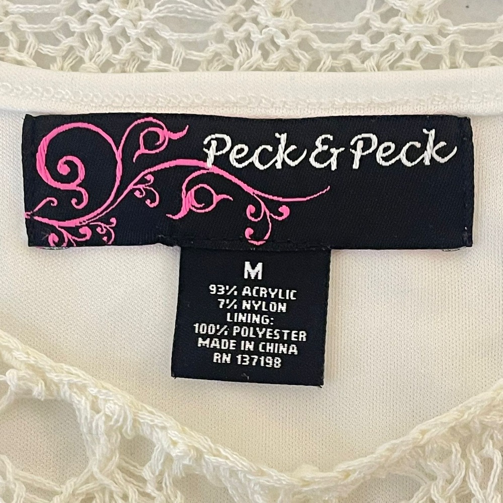 Peck & Peck Crochet Knit Long Sleeve Dress Cream White Sheer Overlay Size M - Picture 3 of 7